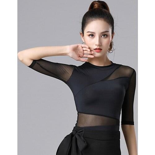 Black Latin Dance Short-sleeve Shirt Sexy Mesh Tops Women Professional Practice Clothes Female Ballroom Modern Dance Costumes