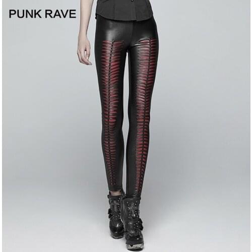 PUNKRAVE Womens Gothic Devil Footprints Leggings Stretch Knit Skinny Female Daily Pu Leather Leggings Trousers