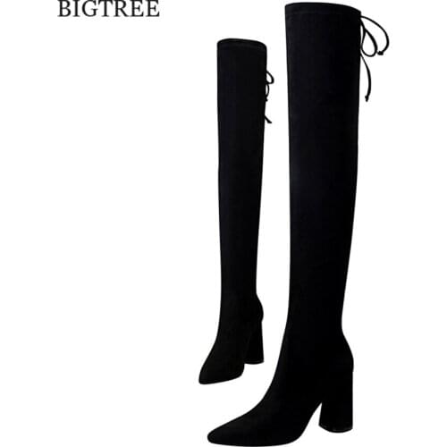 2021 New Black Women Thigh High Long Boots Pointed Toe Lace Up Over the Knee Boots Woman Comfort Square Heels Stretch Flock Boot