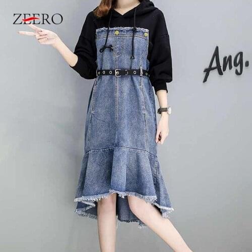 Autumn Winter Female Hooded Collar Denim Splicing Ruffle Tassel Dress Women Vintage Slim Mermaid Dress Oversized Midi Skirt 4XL