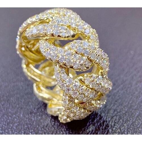 Fashion Hip Hop Rock Rings Gold Color Bling Iced Out Cuban Link Chain Micro Pave CZ Crystal Ring For Women Jewelry Accessories