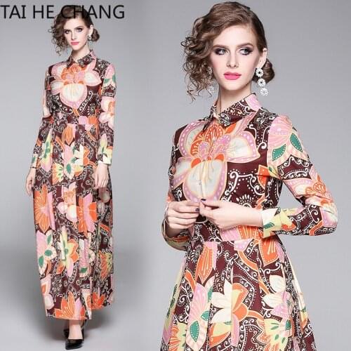 Women Dress New Fashion Retro Spring Summer Elegant Slim Bodycon Vintage Party Runway Print Shirt Office Work Maxi Dresses
