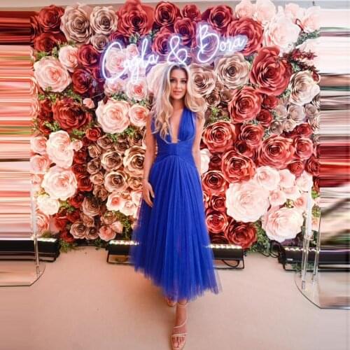 New In Royal Blue Tulle Dresses V Neck Sleeveless Tea Length Women Formal Event Birthday Party Dressing Gowns