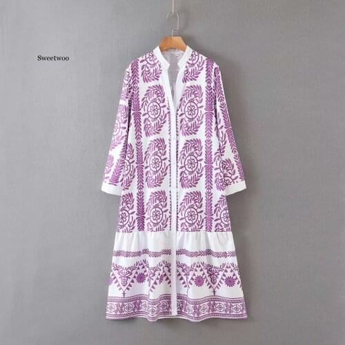 V Neck Printing Vintage Dress Women Ruffle Patchwork Loose Plus Size Dress 2020 Autumn New Long Sleeve Dress