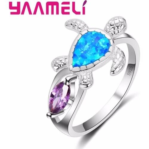 Winter Sale Fire Opal Ring Blue and Purple Color wedding Band luxury Turtle jewelry 925 Sterling Silver Ring for Women