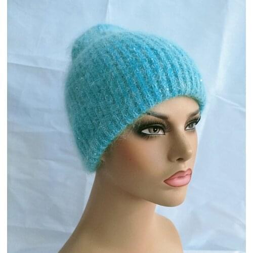 2021 Rabbit Fur Winter Hat for Women Solid Beanie Cashmere Wool Cap Female Knitted Skullies Beanies Warm Soft Knit Hat Bonnet