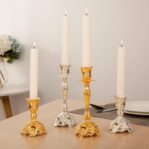 European Vintage Embossed Home Tabletop Decor Shiny Silver Gold Plating Metal Alloy Stick Candle Holders Pair
