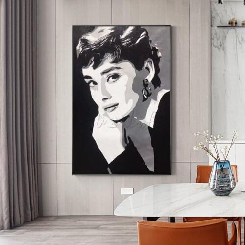 Audrey Hepburn Face Painting Black and White Handmade Canvas Large Oil Wall Art Acrylic Texture Painting Living Room Home Decor