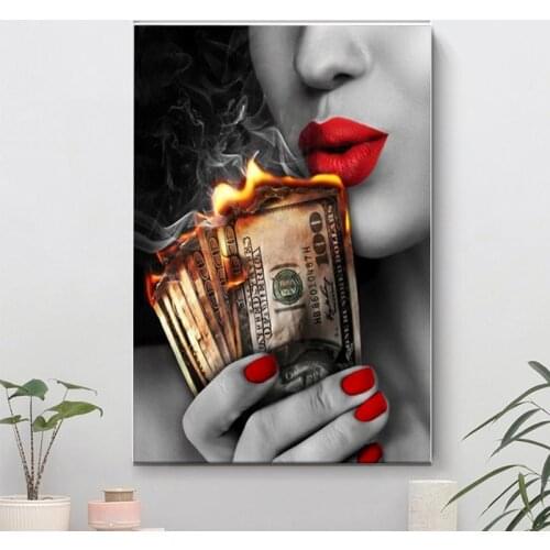 Art Red Lips Canvas Painting Print Pictures Lovers Girl Fire Money Wall Art Poster Modern for Living Room Office Bar Home Decor