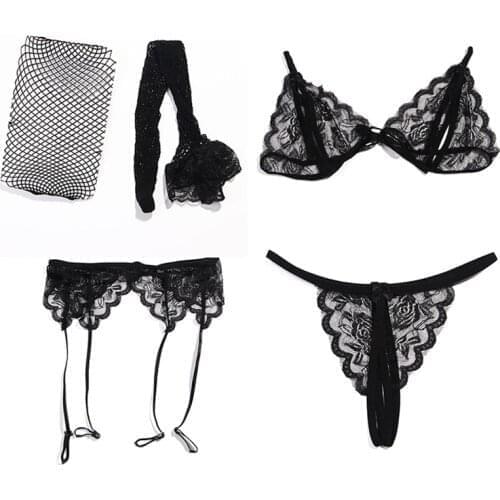 4Pcs Set Women Lace Net Stockings & Garters & G-string And Bra Set Sexy Lingerie Sets Deep V Hot Erotic Bralette Underwear Set