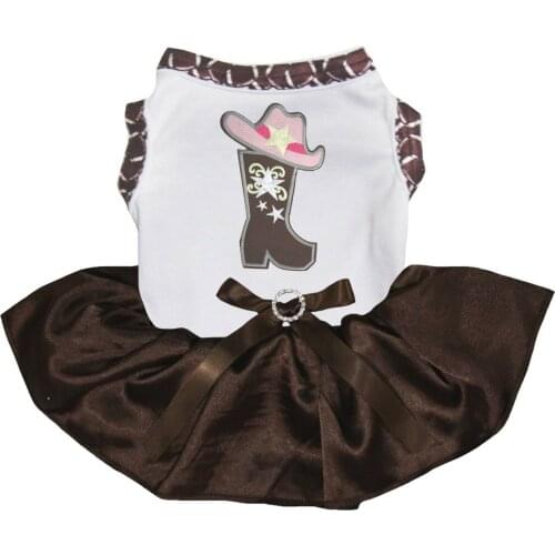 Cowgirl Shoes White Cotton Top Brown Tutu Pet Dog Puppy Dress