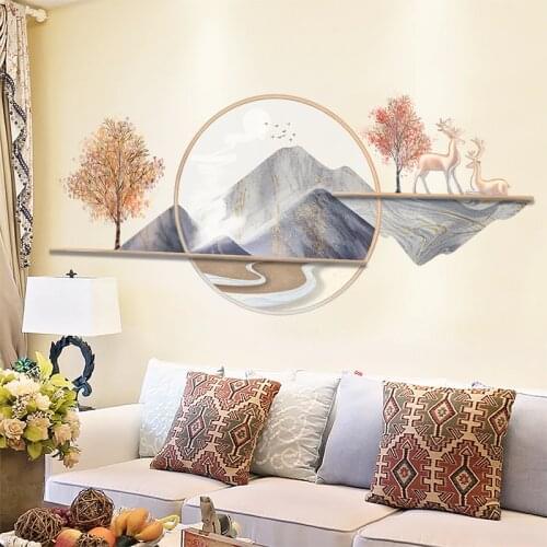 [SHIJUEHEZI] Creative Mountains Wall Stickers DIY Trees Deers Mural Decals for Living Room Bedroom Home Decoration Accessories