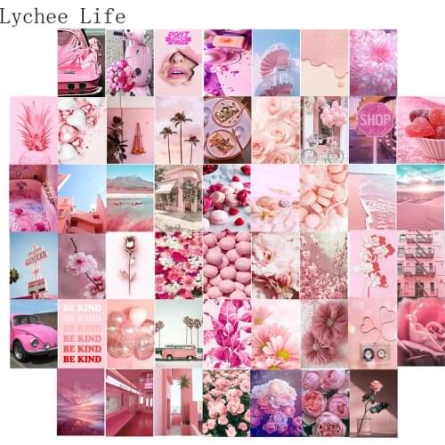 Lychee Life 50Pcs Pink Color Wall Art Scrapbooking Sticker Collage Kit Modern Minimalist Flower Plants Picture Poster Decor
