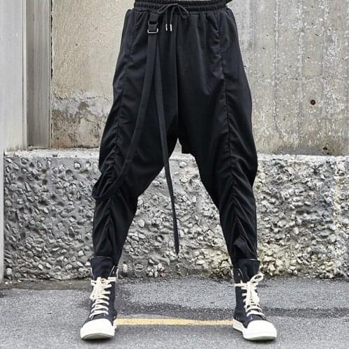 Men Fashion Gothic Harem Pants Japan Streetwear Hip Hop Casual Trousers Male Ribbons Loose Cross Pant Stage Show Costumes