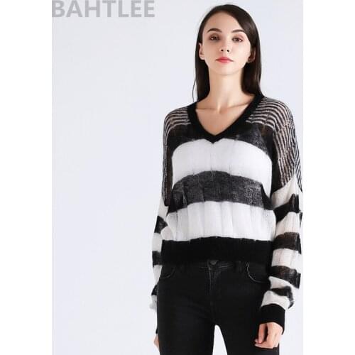 BAHTLEE Sprin Autumn Women Top Of Mohair Pullovers Sweater Knitted V-Neck Short Style Long Sleeves Coat Black And White