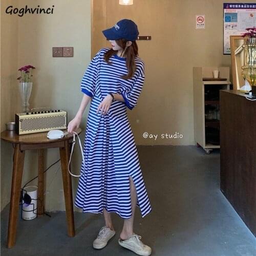 Dress Women Lazy Loose Japanese Style Streetwear Casual Striped Lantern Sleeve Mid-calf O-neck Chic Comfortable Button Side-slit
