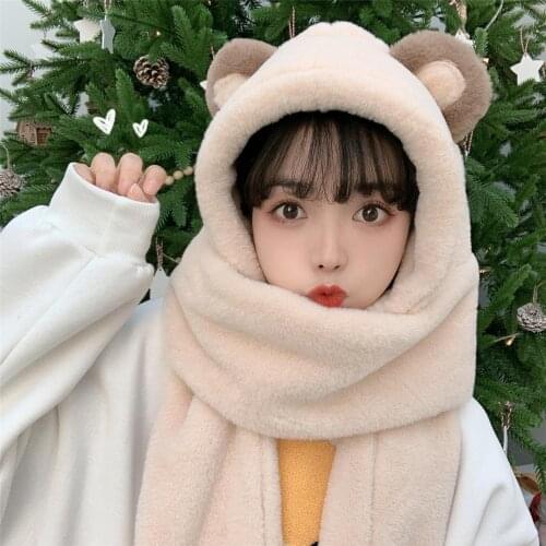 Bear plush hat woman with thick scarf hat glove one warm three-piece tide
