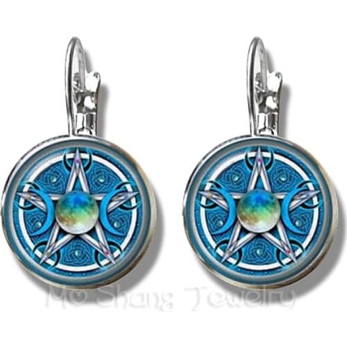 Triple Moon Goddess Stud Earrings Pentagram Witch Jewelry 16mm Glass Dome Wiccan Silver Plated Charm Wicca Jewelry For Women