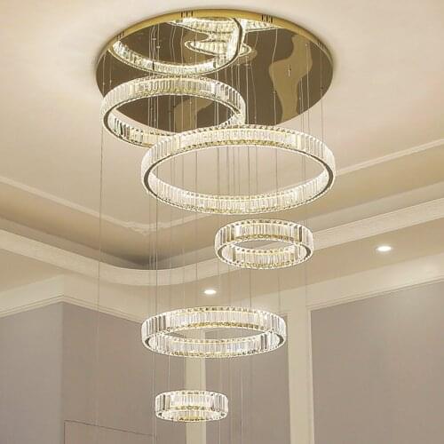Modern crystal 6 rings pendant light circle for High Ceiling Entryway Stairs Hang Spiral Long Lamps Crystal led Hanging Lights