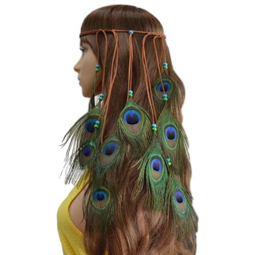 Handmade Ethnic Faux Peacock Feather Shape Headband Boho Long Tassel Hair Accessories