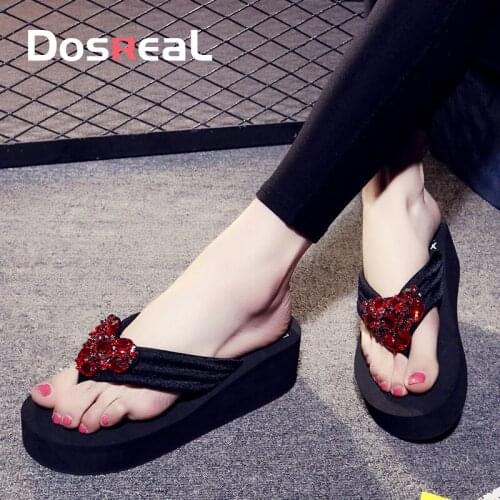 Dosreal Womens Summer New Flip Flops Women Black Non-Slip Flip Flops Sandals And Slippers Heart-Shaped Inlaid Brick Wedge Shoes