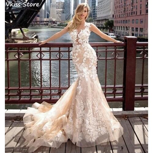 Champagne Wedding Dress 2020 Mermaid Sexy Luxury Sleeveless Applique Laces O-neck Sweep Train Bridal Dresses коктейльные платья