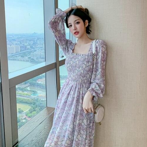 Spring Long Sleeve Square Neck Floral Dress Slim Waist Korean Mid Long Chiffon Purple Floral One Piece Sweety Fairy Dress 2021