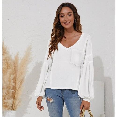Autumn New Lantern Long Sleeve V-neck Loose T-shirt Top Women Solid Color Casual Pocket Patchwork Thick Knitted Pullover Female