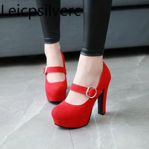 Pumps Spring and autumn new style fashion Flock belt buckle Round head Buckle Thick heel High heel Womens shoes plus size 32-43