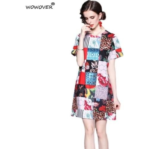 Elegant Lady Vestidos Summer Fashion Runway Short Sleeve Color Block Leopard Print Loose Dress Women Holiday Vintage Robe Femme