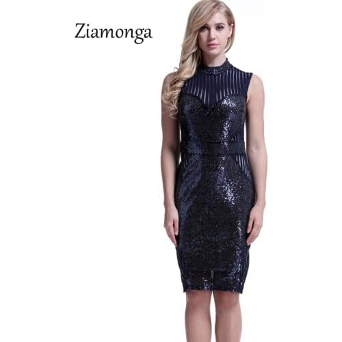 Ziamonga Sexy Club High Neck Sequin Summer Woman Dress Sleeveless Hollow Out Striped Sheath Bodyocn Party Dresses Vestidos Mujer