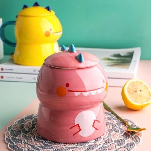 450ml Cute Cartoon Dinosaur Hand Painted Breakfast Milk Ceramic Mug with Red Green Blue and Yellow