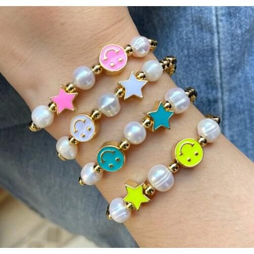 5Pcs, Fashion Handmade Enamel Smiley Face Star Bracelet Gift For Girl, Pearl Gold Beaded Jewelry Stacking Macrame Bracelets