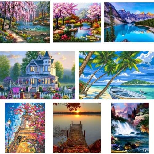 5D DIY Diamond Painting Landscape Picture Round Full Dril Diamond Embroidery Castle Beach Picture Cross Stitch Kit Home Decor