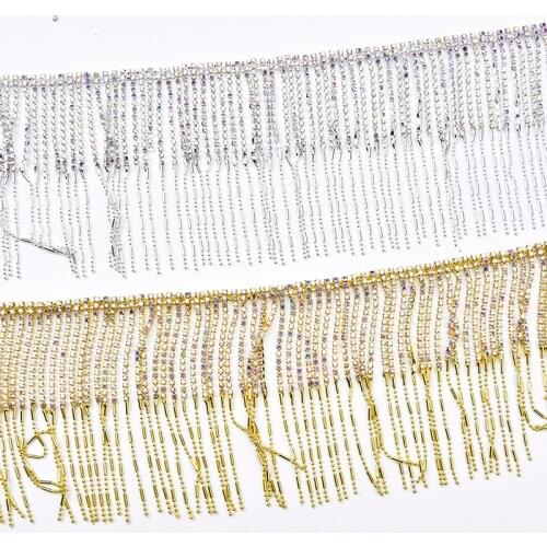 50cm Long AB Crystal Tassel Fringe Border Trim Sewing Rhinestone Gold Metal Beaded Chain DIY Dress Edge Shoes Bags Accessories