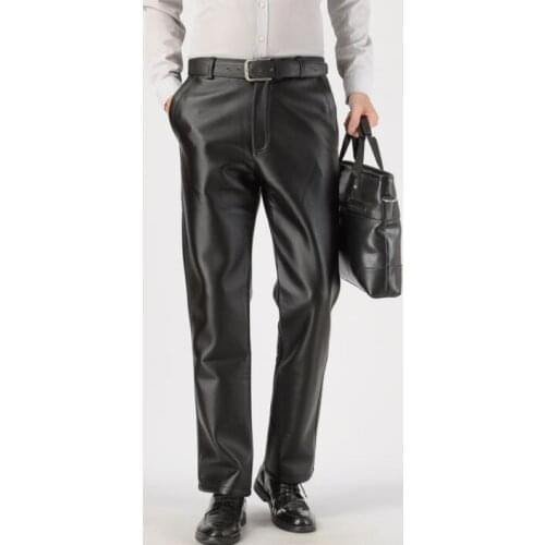 Faux leather pants mens feet pants Middle-aged fashion Loose plus velvet thicken motorcycle pu trousers for men personality