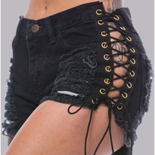 Mid Pants Shorts Summer Waist Cotton Ripped Slim 2020 Hole Jeans Fashion Casual Women Clothing lace up Denim Girls Sexy Black