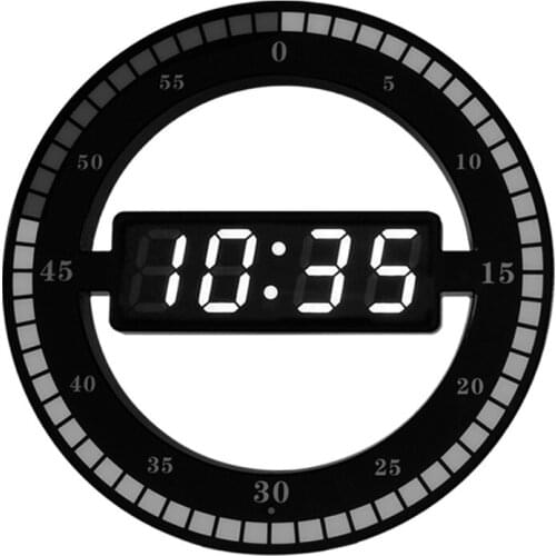 Electronic Clock 3D Hollow LED Digital Automatic Adjustment Brightness Round Home Wall Clock With US Plug Black Plastic