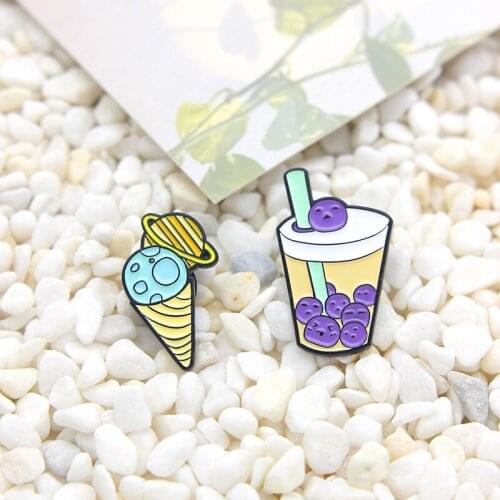 Happy pearl milk tea Enamel Brooch Creative planet ice cream cone Lapel Pin Bag clothing custom Badge Gifts for friends