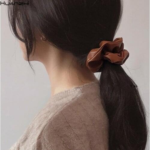HUANZHI 2020 Retro Elegant Autumn Leather Multicolour Large Hair Band Hair Rope for Women Girl Hair Accessories Ponytail Holder