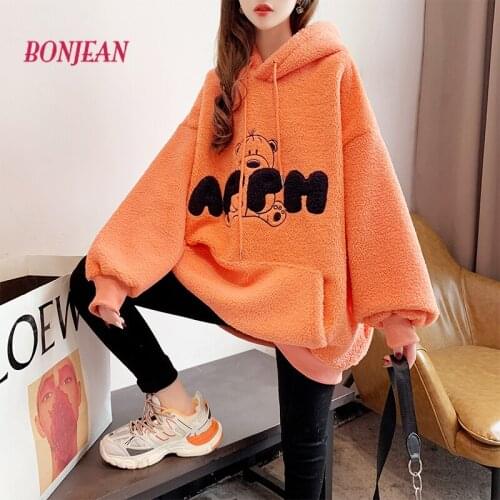 Kawaii Women Hoodie 2020 Winter Warm Loose Fur Fllece Hoodies Harajuku Streetwear Thick Lamb Wool Bear Coat Oversized Outwear