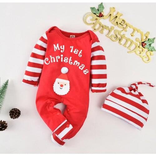 Newborn Baby’s Boys Long-sleeved Jumpsuit Christmas Stripe Print Girls Romper Round Neck Clothes Long Pants and Hat