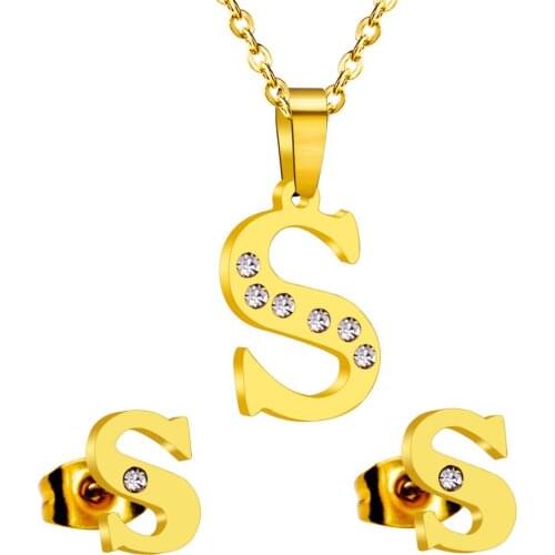 LUXUKISSKIDS Initial Wedding Dubai Jewelry Sets Gold CZ Necklace Stud Earrings For Women Fashion Alphabet Letters Jewelry Sets