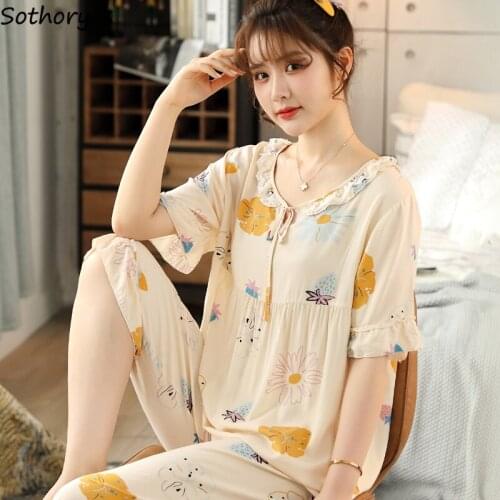Summer Cozy Pajama Sets Women Printed Ruffles Female Homewear Comfortable Loose Casual Loungewear Korean Style Teens Sleepwear