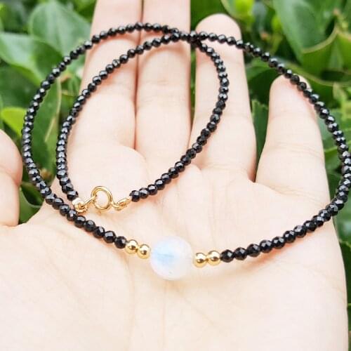 LiiJi Unique Black Spinel 2-3mm Faceted Beads White Moonstone 7-8mm Beads 925 Sterling Silver Clasp Necklace 16inch/40cm