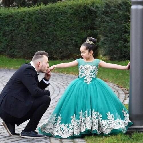 Cute Baby Girl Tulle Green Gold Lace Birthday Dress Little Girl Princess Dresses for Christmas New Year