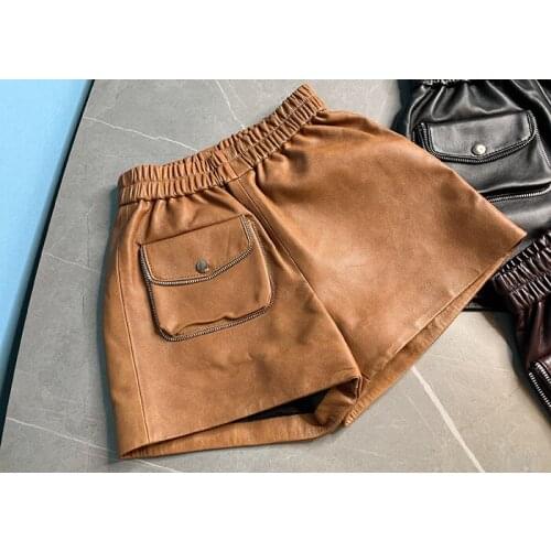 Autumn Winter Fashion Womens High Quality Sheepskin Genuine Leather Elastic Waist Wide-leg Short pants C861