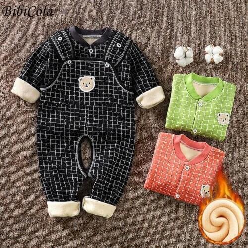 BibiCola Toddler Boys Girl Clothes Set Autumn Winter Newborn Cartoon Cotton Infant Clothing Plush Coats + Overalls Outfits Suit