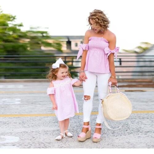 Family Dress Mother and Daughter Matching Women T Shirts Girls Dresses Summer Striped Dress Mom Kid Outfits Off Shoulder Clothes