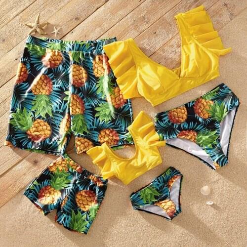 Family Look Pineapple Full Print Yellow Sets Family Matching Swimwear 2021 Family Swimwear New Summer Ruffle Sleeve Swimsuits